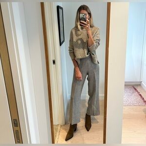 Vintage Wool Like Brown White Print Wide Leg High Waisted Palazzo Trousers Pants